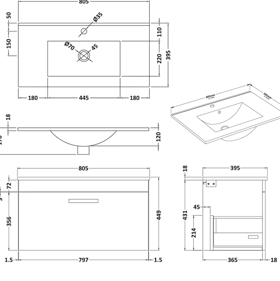 Emily 800mm Wall Mounted 1 Drawer Vanity Unit & Basin Options