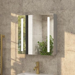 Erin Aluminium Double Door LED Bathroom Mirror Cabinet with Demister Pad & Shaver Socket - 600 x 600mm