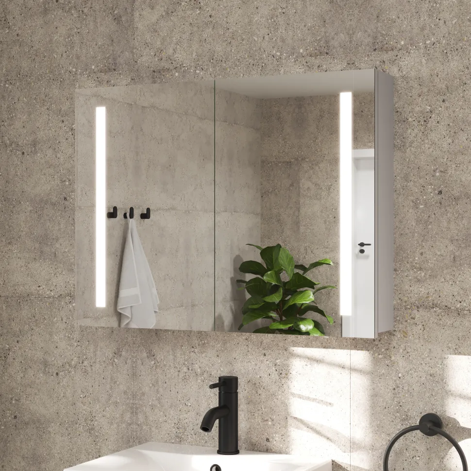 Erin Aluminium Double Door LED Bathroom Mirror Cabinet with Demister Pad & Shaver Socket - 800 x 600mm