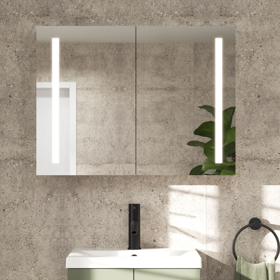 Erin Aluminium Double Door LED Bathroom Mirror Cabinet with Demister Pad & Shaver Socket - 800 x 600mm