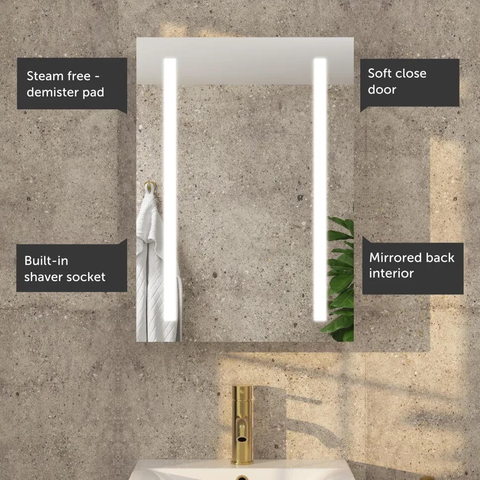 Erin Aluminium LED Bathroom Mirror Cabinet with Demister Pad & Shaver Socket - 500 x 700mm