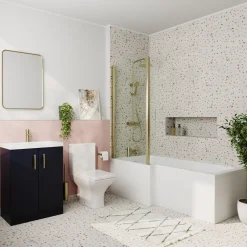 Erin Brushed Brass Shower Bath Suite with 1700mm L Shaped Bath & Rimless Toilet