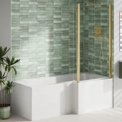 Erin Brushed Brass Shower Bath Suite with 1700mm L Shaped Bath & Rimless Toilet