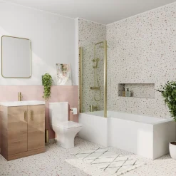 Erin Brushed Brass Shower Bath Suite with 1700mm L Shaped Bath & Rimless Toilet