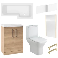 Erin Brushed Brass Shower Bath Suite with 1700mm L Shaped Bath & Rimless Toilet