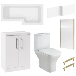 Erin Brushed Brass Shower Bath Suite with 1700mm L Shaped Bath & Rimless Toilet