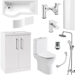 Erin Complete Bathroom Suite with 1700mm P Shaped Shower Bath & Rimless Toilet
