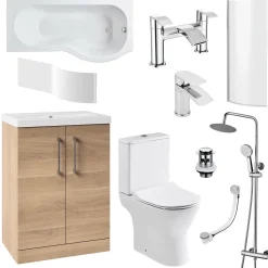 Erin Complete Bathroom Suite with 1700mm P Shaped Shower Bath & Rimless Toilet