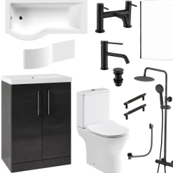 Erin Complete Matt Black Bathroom Suite with 1700mm P Shaped Shower Bath & Rimless Toilet