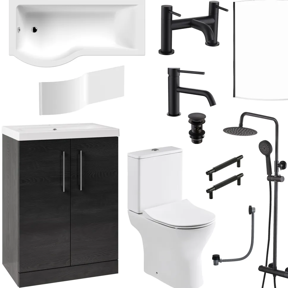 Erin Complete Matt Black Bathroom Suite with 1700mm P Shaped Shower Bath & Rimless Toilet
