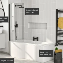 Erin Complete Matt Black Bathroom Suite with 1700mm P Shaped Shower Bath & Rimless Toilet