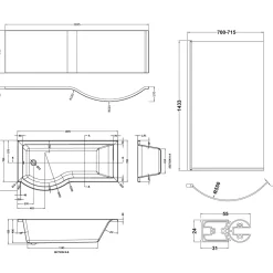 Erin Complete Matt Black Bathroom Suite with 1700mm P Shaped Shower Bath & Rimless Toilet