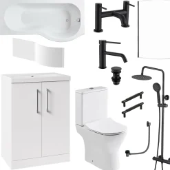 Erin Complete Matt Black Bathroom Suite with 1700mm P Shaped Shower Bath & Rimless Toilet