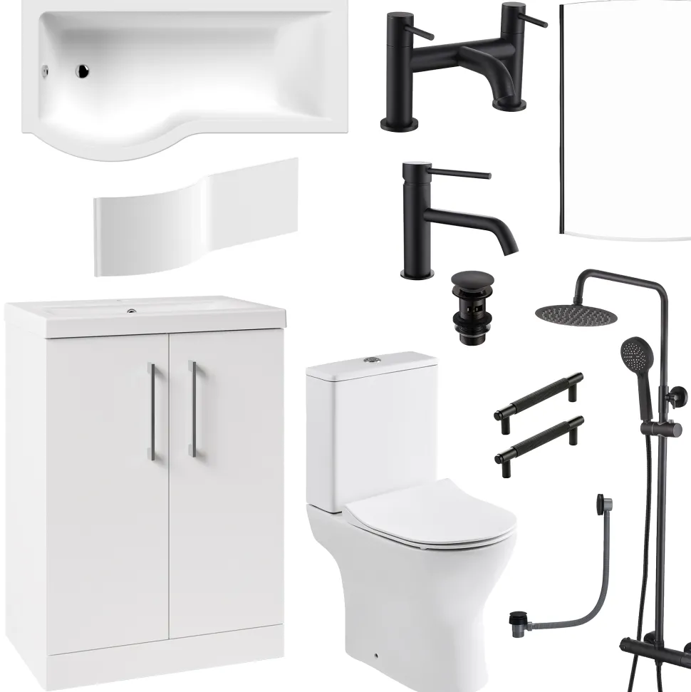 Erin Complete Matt Black Bathroom Suite with 1700mm P Shaped Shower Bath & Rimless Toilet