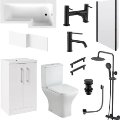 Erin Complete Modern Matt Black Bathroom Suite with 1700mm L Shaped Shower Bath & Rimless Toilet