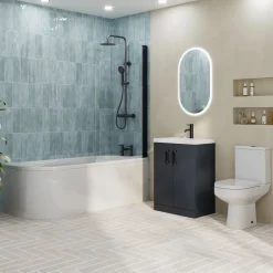 Erin Matt Black Shower Bath Suite with 1700mm J Shaped Bath & Rimless Toilet