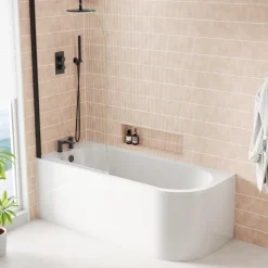 Erin Matt Black Shower Bath Suite with 1700mm J Shaped Bath & Rimless Toilet