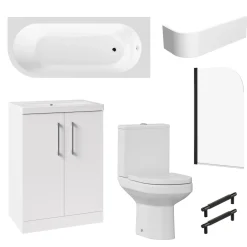 Erin Matt Black Shower Bath Suite with 1700mm J Shaped Bath & Rimless Toilet