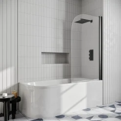 Erin Matt Black Shower Bath Suite with 1700mm J Shaped Bath & Rimless Toilet