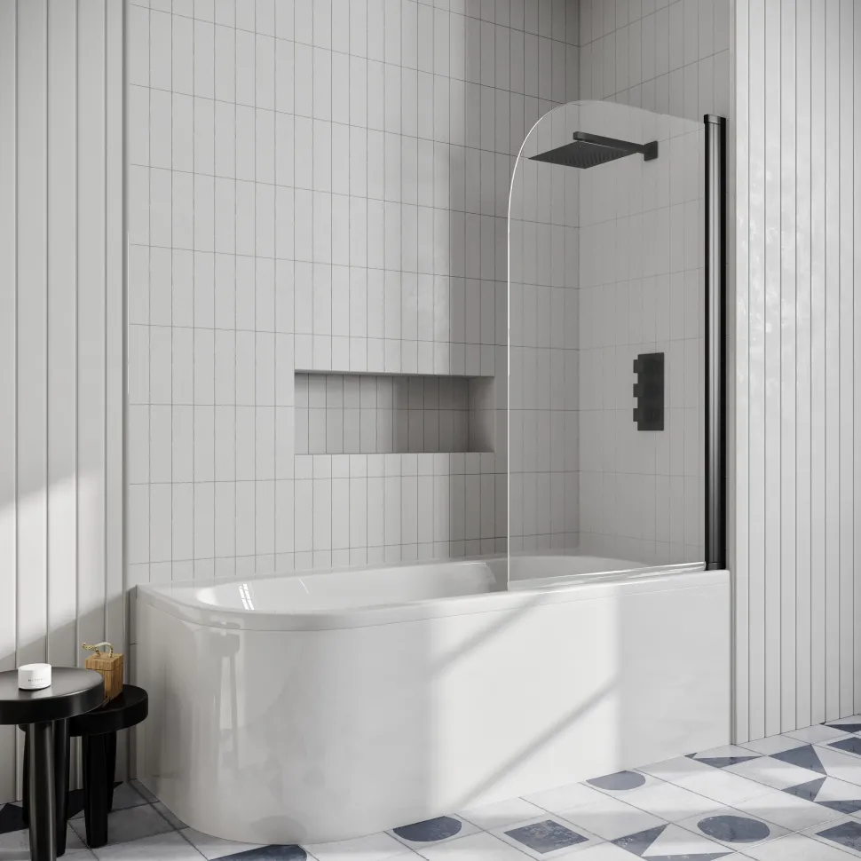 Erin Matt Black Shower Bath Suite with 1700mm J Shaped Bath & Rimless Toilet