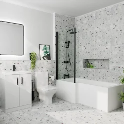 Erin Matt Black Shower Bath Suite with 1700mm L Shaped Bath & Rimless Toilet