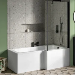 Erin Matt Black Shower Bath Suite with 1700mm L Shaped Bath & Rimless Toilet