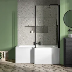 Erin Matt Black Shower Bath Suite with 1700mm L Shaped Bath & Rimless Toilet