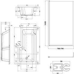 Erin Matt Black Shower Bath Suite with 1700mm L Shaped Bath & Rimless Toilet