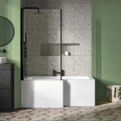 Erin Matt Black Shower Bath Suite with 1700mm L Shaped Bath & Rimless Toilet