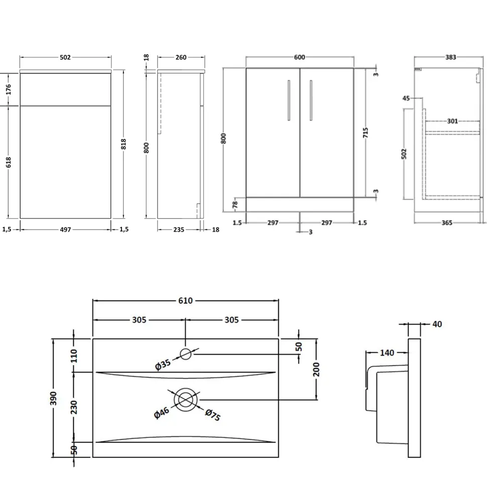 Erin 1100mm 2 Door Combination Basin & Toilet Unit