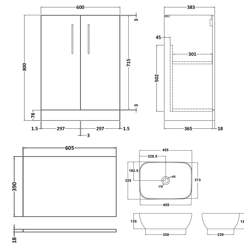 Erin 600mm Floorstanding 2 Door Vanity Unit & Countertop