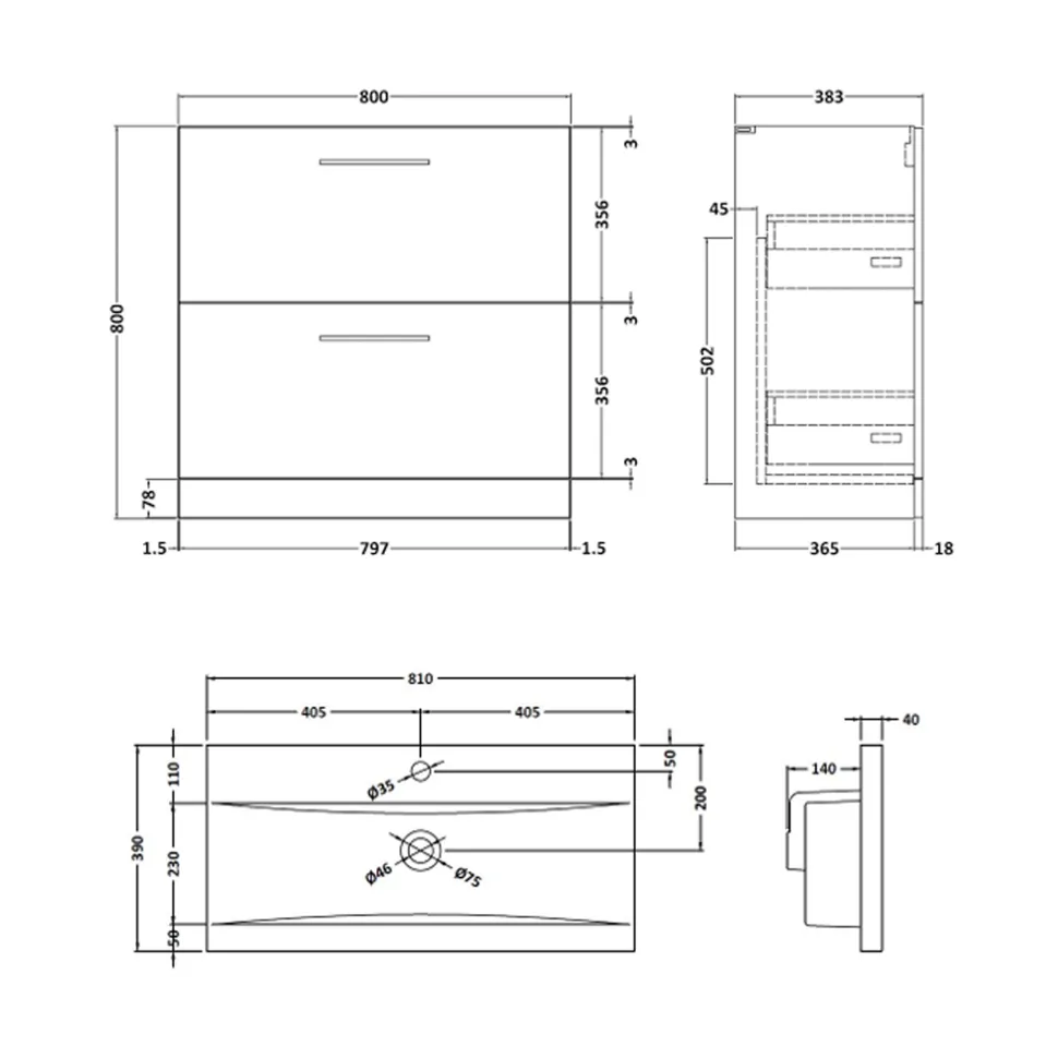 Erin 800mm Floorstanding 2 Drawer Vanity Unit & Basin