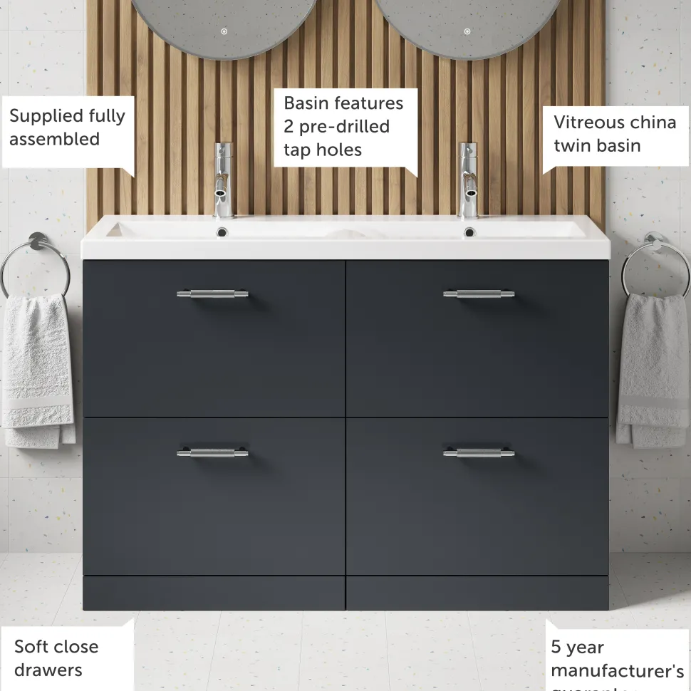 Erin 1200mm Floorstanding 4 Drawer Vanity Unit & Double Basin