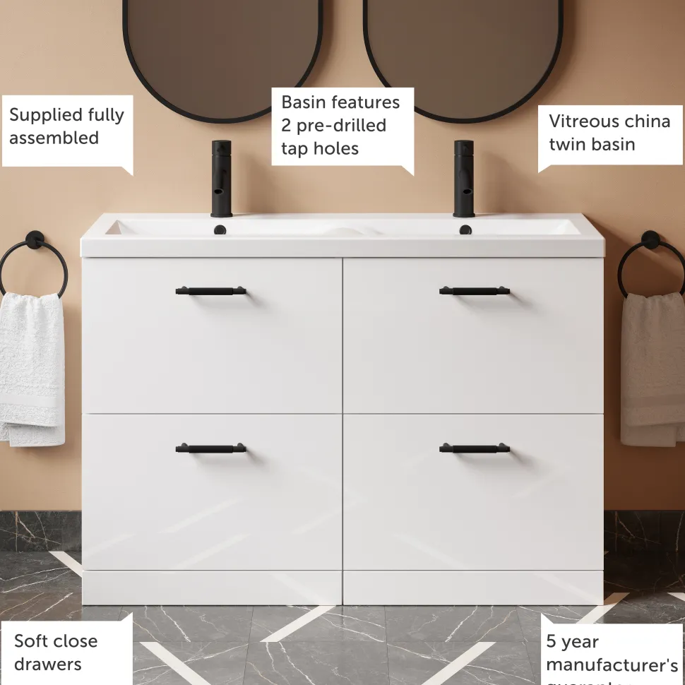 Erin 1200mm Floorstanding 4 Drawer Vanity Unit & Double Basin