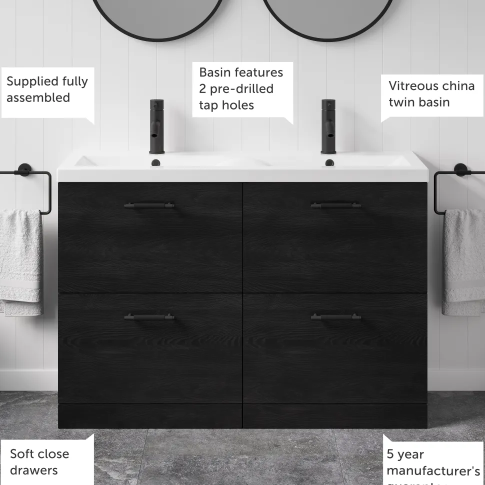 Erin 1200mm Floorstanding 4 Drawer Vanity Unit & Double Basin