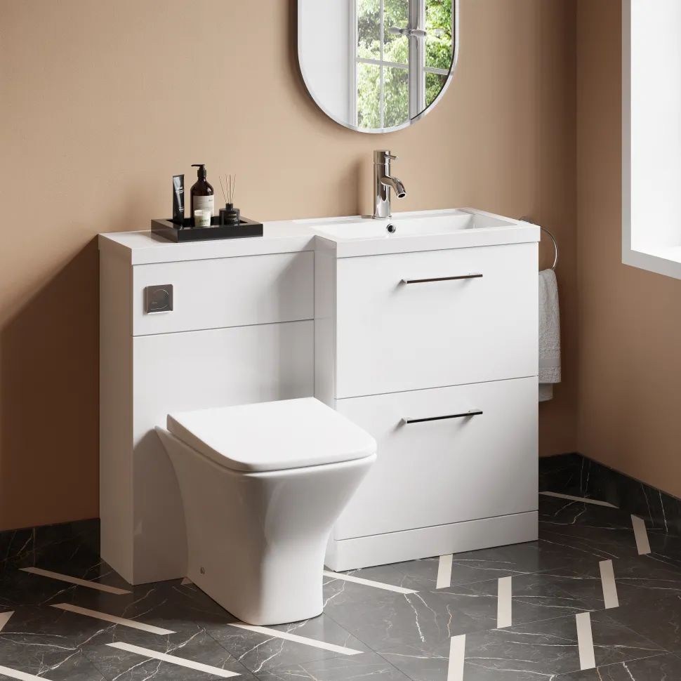 Erin 1100mm Gloss White Combination Bathroom 2 Drawer Sink & Toilet Unit