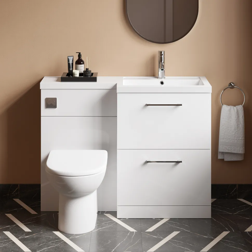 Erin 1100mm Gloss White Combination Bathroom 2 Drawer Sink & Toilet Unit