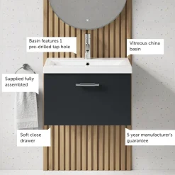 Erin 600mm Wall Mounted 1 Drawer Vanity Unit & Basin
