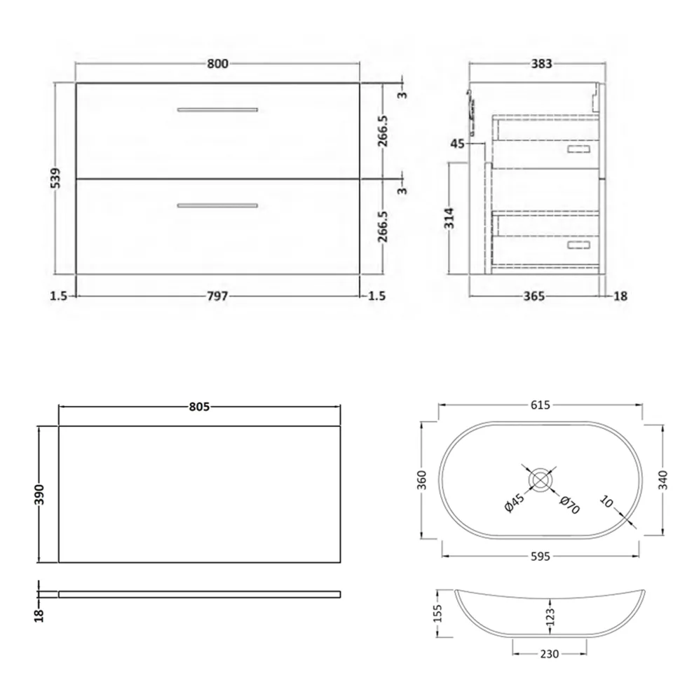 Erin 800mm Wall Mounted 2 Drawer Vanity Unit & Countertop
