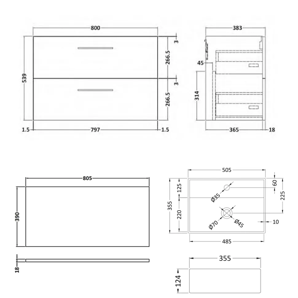 Erin 800mm Wall Mounted 2 Drawer Vanity Unit & Countertop