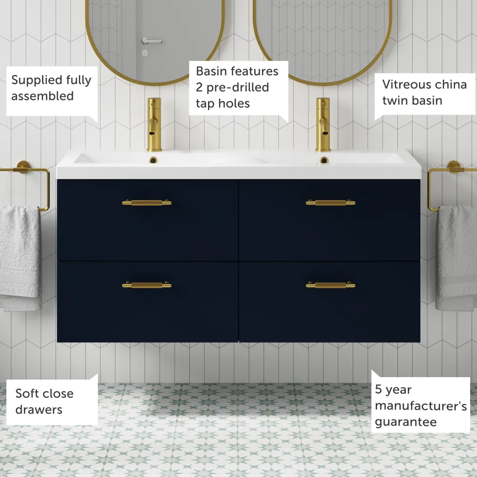Erin 1200mm Wall Mounted 4 Drawer Vanity Unit & Double Basin