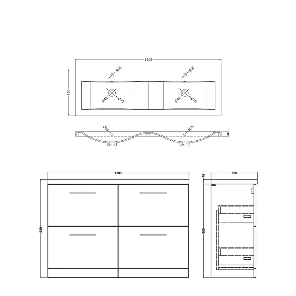 Erin 1200mm Wall Mounted 4 Drawer Vanity Unit & Double Basin