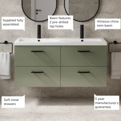Erin 1200mm Wall Mounted 4 Drawer Vanity Unit & Double Basin