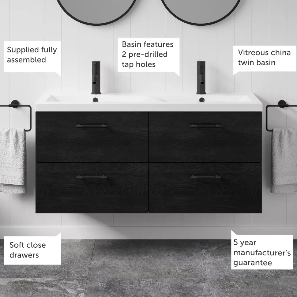 Erin 1200mm Wall Mounted 4 Drawer Vanity Unit & Double Basin