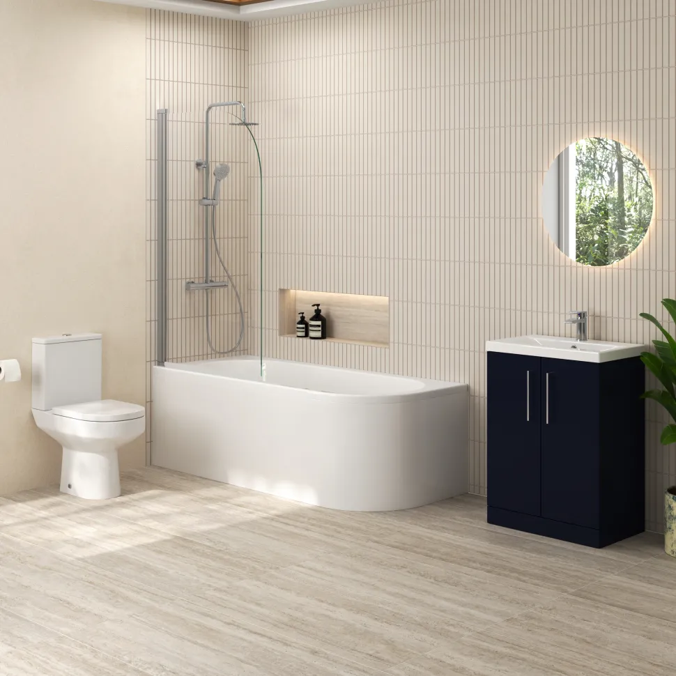 Erin Modern Shower Bath Suite with 1700mm J Shaped Bath & Rimless Toilet