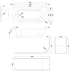 Erin Modern Shower Bath Suite with 1700mm J Shaped Bath & Rimless Toilet