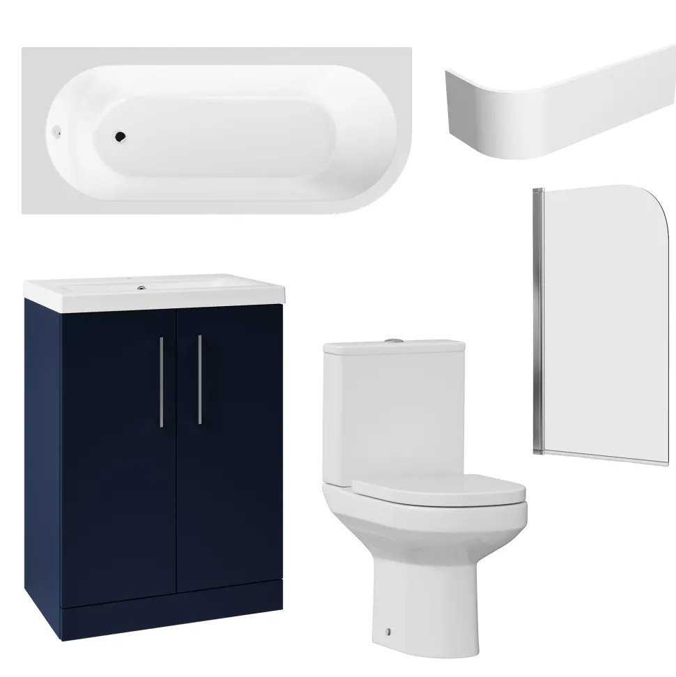 Erin Modern Shower Bath Suite with 1700mm J Shaped Bath & Rimless Toilet