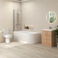 Erin Modern Shower Bath Suite with 1700mm J Shaped Bath & Rimless Toilet