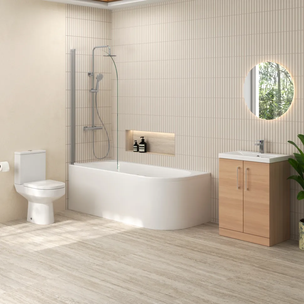 Erin Modern Shower Bath Suite with 1700mm J Shaped Bath & Rimless Toilet