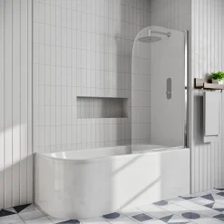 Erin Modern Shower Bath Suite with 1700mm J Shaped Bath & Rimless Toilet